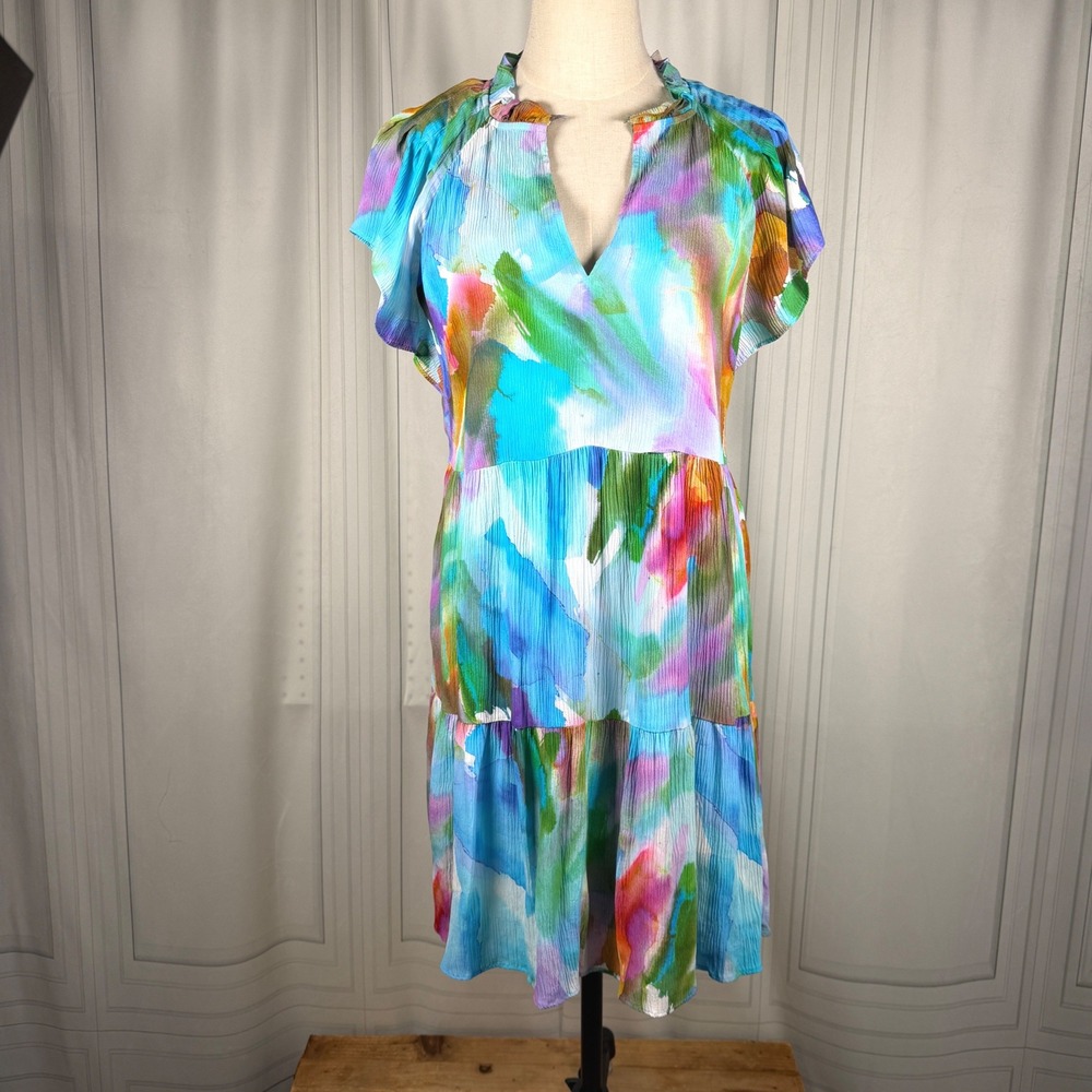 NWT Marie Oliver Frida Dress Watercolor Silk Blend Tiered Plisse Mini XS